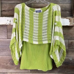 KOKOMO Size S/M Cotton Poly Blend Crocheted Knot Pullover Sweater Green White